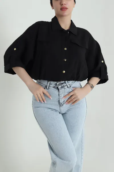 Siyah Bel Lastikli Tencel Kadın Gömlek 458826