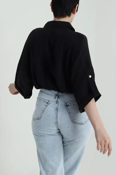 Siyah Bel Lastikli Tencel Kadın Gömlek 458826