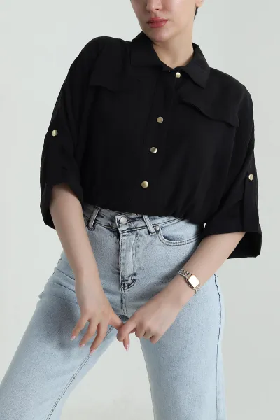 Siyah Bel Lastikli Tencel Kadın Gömlek 458826