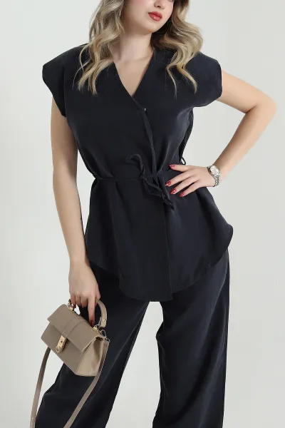 Siyah Bel Lastikli Tencel Kadın İkili Takım 472273