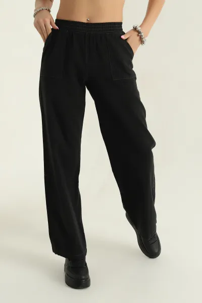 Siyah Bel Lastikli Tencel Kot Kadın Pantolon 374190