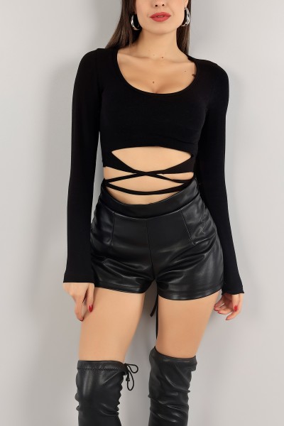 Siyah Belden Bağlamalı Crop Bluz 139661