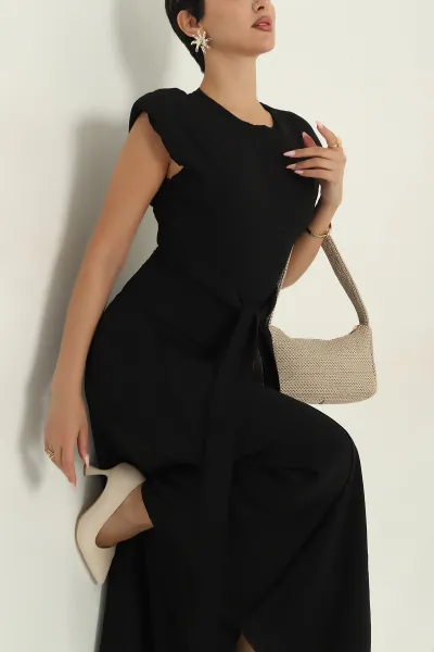 Siyah Beli Bağlamalı Crep Kadın Elbise 376384
