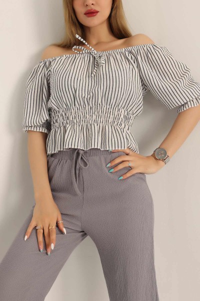 Siyah Beli Gipeli Keten Bluz 175641
