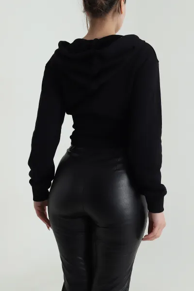 Siyah Beli Korseli Şardonsuz Üç İp Kadın Fermuarlı Sweat 486165