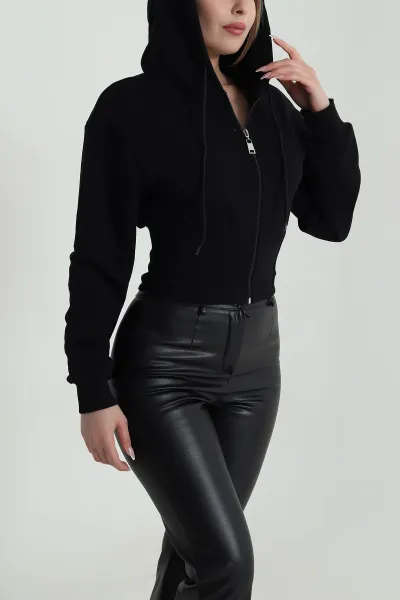 Siyah Beli Korseli Şardonsuz Üç İp Kadın Fermuarlı Sweat 486165