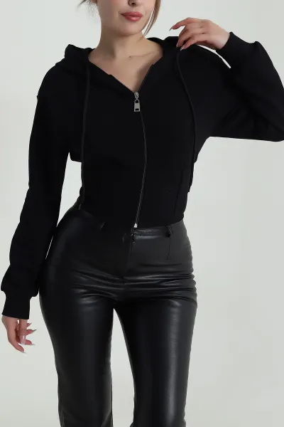 Siyah Beli Korseli Şardonsuz Üç İp Kadın Fermuarlı Sweat 486165