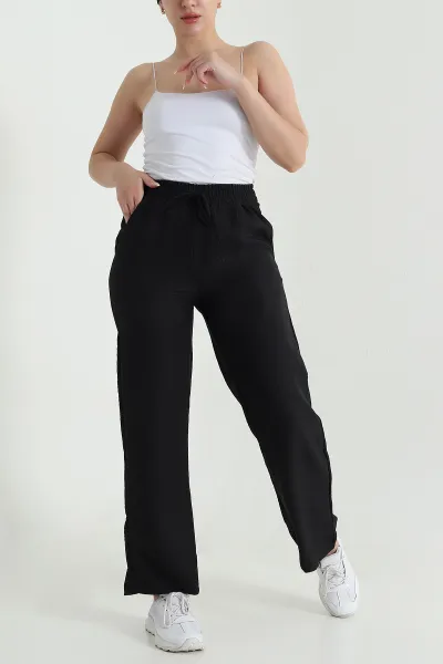 Siyah Beli Lastikli Aerobin Keten Kadın Pantolon 469141