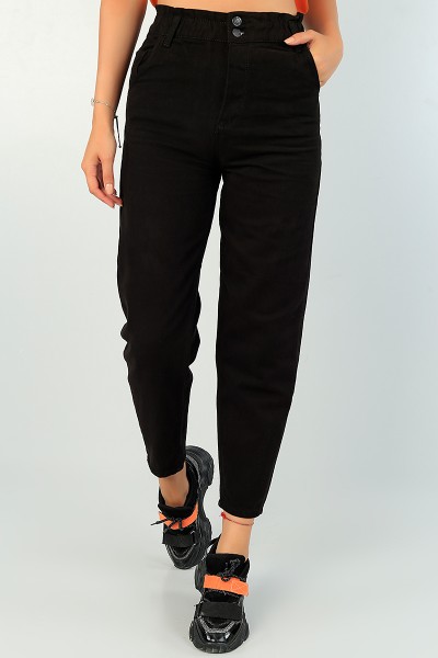 Siyah Beli Lastikli Bayan Mom Kot Pantolon 73083
