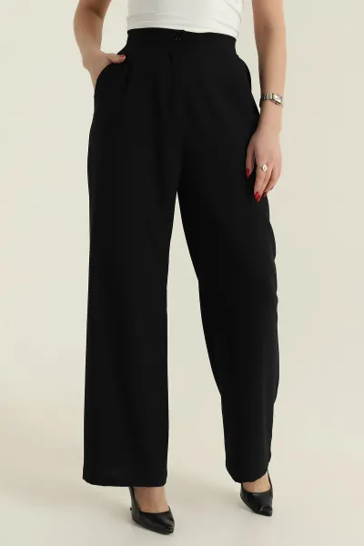 Siyah Beli Lastikli Bol Paça Poliviskon Pantolon 426956