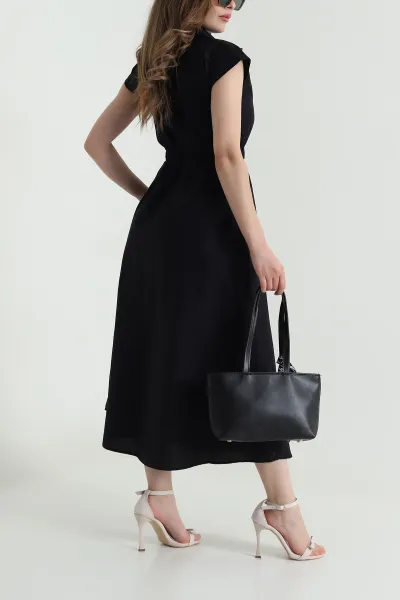 Siyah Beli Lastikli Fermuarlı Kadın Paraşüt Elbise 480647