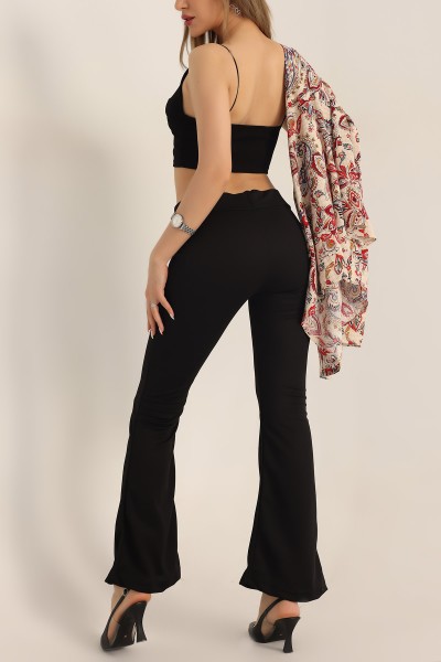 Siyah Beli Lastikli İspanyol Paça Pantolon 179172