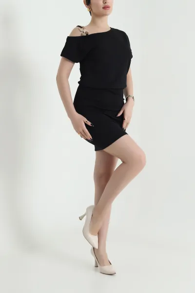 Siyah Beli Lastikli Jakarlı Kadın Elbise 453436