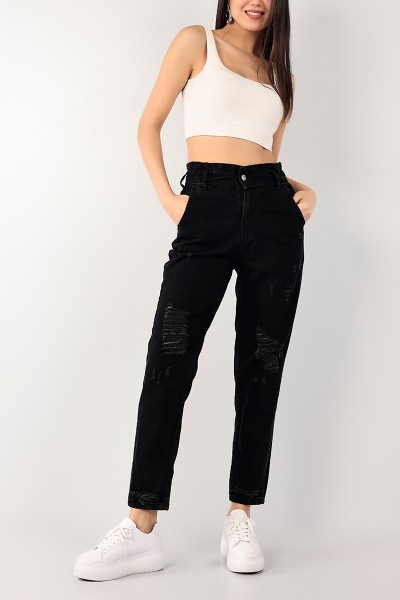 Siyah Beli Lastikli Lazer Kesim Bayan Kot Pantolon 101012