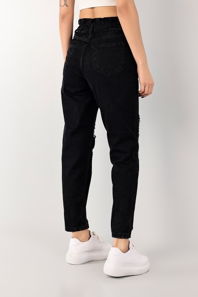 Siyah Beli Lastikli Lazer Kesim Bayan Kot Pantolon 101012
