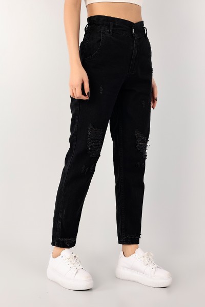 Siyah Beli Lastikli Lazer Kesim Bayan Kot Pantolon 101012