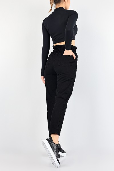 Siyah Beli Lastikli Mom Bayan Kot Pantolon 88598