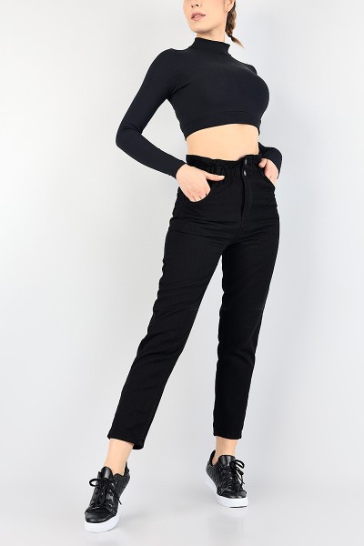 Siyah Beli Lastikli Mom Bayan Kot Pantolon 88598
