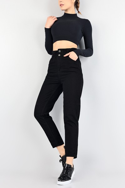 Siyah Beli Lastikli Mom Bayan Kot Pantolon 88598