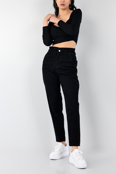 Siyah Beli Lastikli Mom Bayan Kot Pantolon 98438