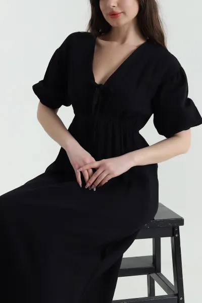 siyah-beli-lastikli-muslin-keten-kadin-elbise-454999