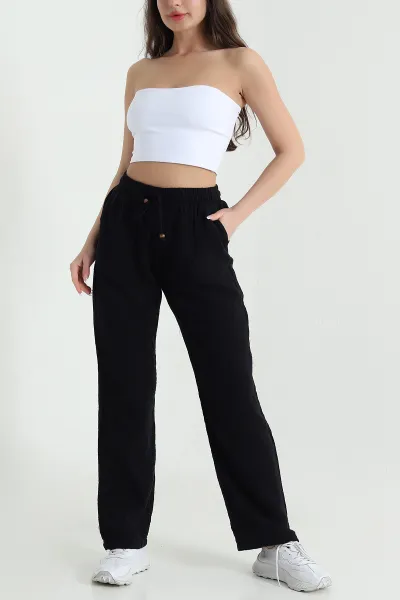 Siyah Beli Lastikli Müslin Keten Kadın Pantolon 457928