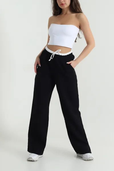 Siyah Beli Lastikli Müslin Keten Kadın Pantolon 465442