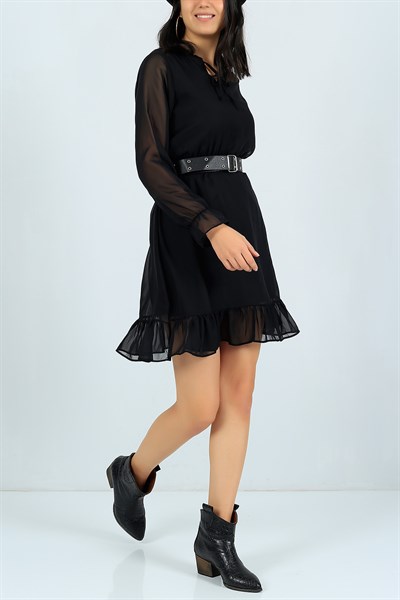 Siyah Beli Lastikli Şifon Elbise 24243B