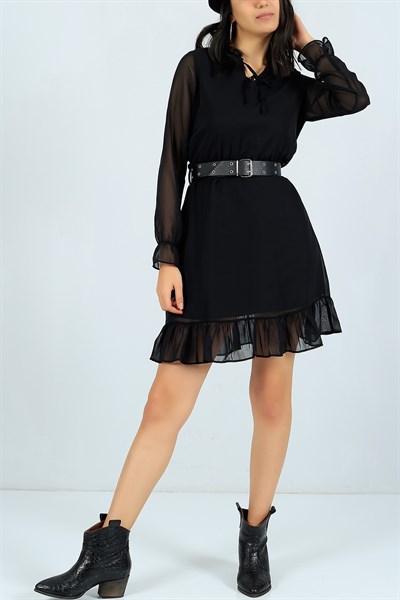 Siyah Beli Lastikli Şifon Elbise 24243B