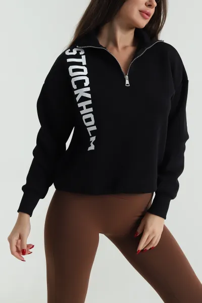 Siyah Beli Sıkmalı Şardonlu Kadın Fermuarlı Sweat 492615