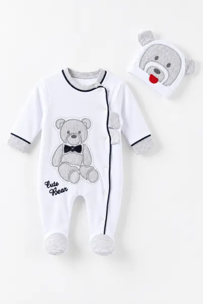Siyah Beyaz  (0-9 Ay)Oturan Ayı Nakışlı Şapkalı Penye Erkek  Bebek Tulum 500422