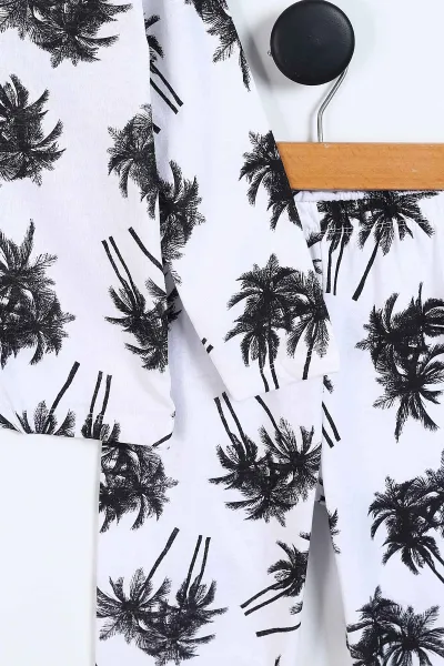 Siyah Beyaz  (3-8 Yaş)Palmiye  Baskılı Ön Düğmeli Erkek Çocuk Pijama Takım 337870