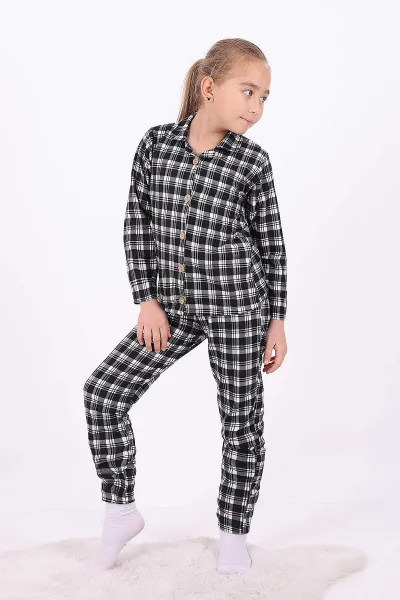 Siyah Beyaz (4-12 Yaş)Ekose Desenli Düğmeli Kız Çocuk Pijama Takımı 329812