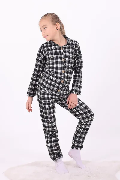 Siyah Beyaz (4-12 Yaş)Ekose Desenli Düğmeli Kız Çocuk Pijama Takımı 329812
