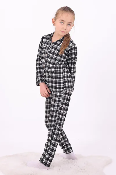 Siyah Beyaz (4-12 Yaş)Ekose Desenli Düğmeli Kız Çocuk Pijama Takımı 329812