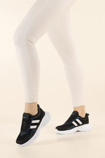 Siyah Beyaz Bağcıklı Fileli Yüksek Taban Kadın Spor Ayakkabı 337551