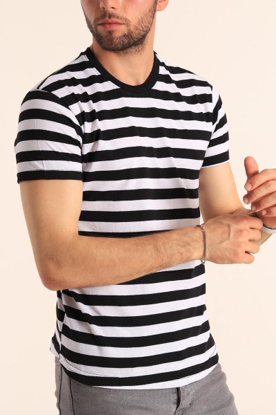 Siyah Beyaz Çizgili Regular Fit Erkek Tişört 188010