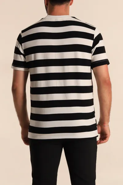 Siyah Beyaz Çizgili Relaxed Fit Erkek Triko Tişört 279239