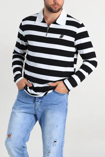 Siyah Beyaz Çizgili Relaxed Fit Polo Yaka Erkek İnce Sweatshirt 309096