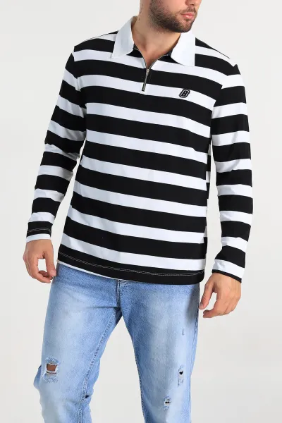 Siyah Beyaz Çizgili Relaxed Fit Polo Yaka Erkek İnce Sweatshirt 309096