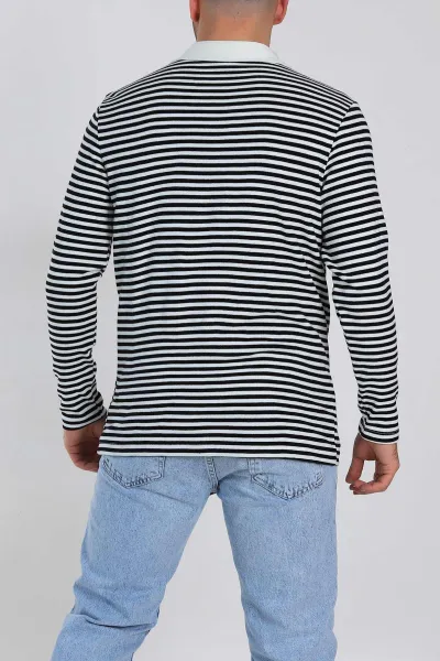 Siyah Beyaz Çizgili Relaxed Fit Polo Yaka Erkek Triko Kazak 309033