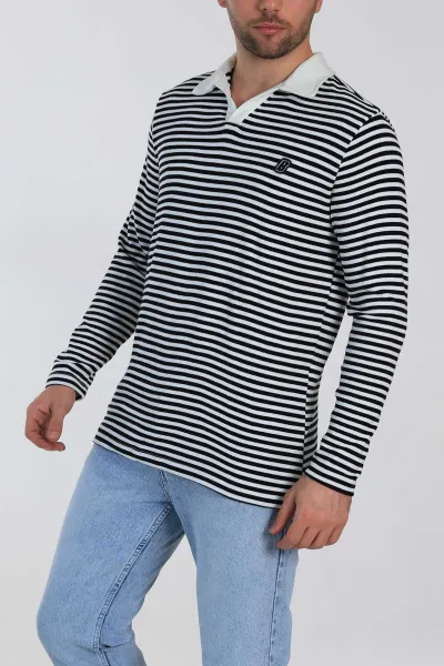 Siyah Beyaz Çizgili Relaxed Fit Polo Yaka Erkek Triko Kazak 309033