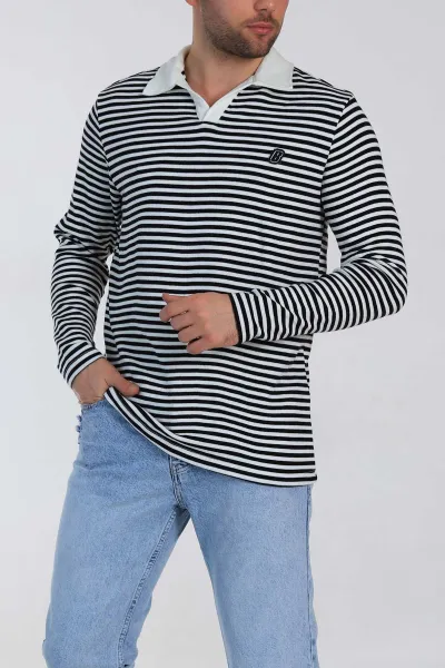 Siyah Beyaz Çizgili Relaxed Fit Polo Yaka Erkek Triko Kazak 309033