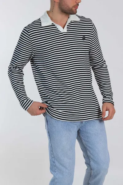 Siyah Beyaz Çizgili Relaxed Fit Polo Yaka Erkek Triko Kazak 309033