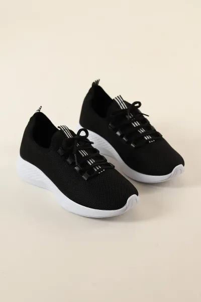 Siyah Beyaz Fileli Şerit Detay Bağcıklı Spor Ayakkabı 265031