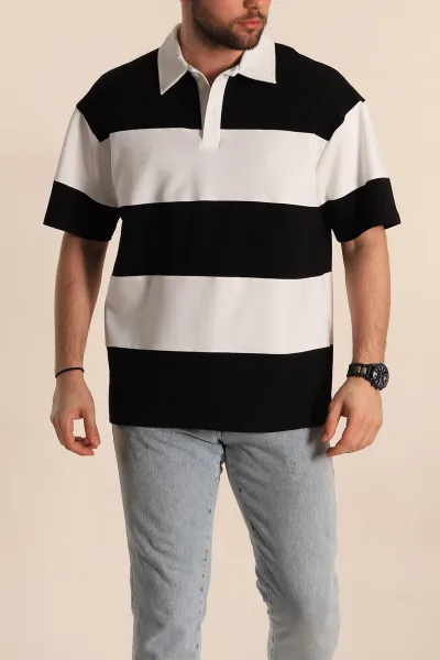Siyah Beyaz Geniş Çizgili Oversize İki İp Polo Yaka Erkek Tişört 268909