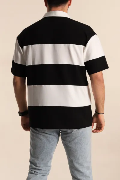 Siyah Beyaz Geniş Çizgili Oversize İki İp Polo Yaka Erkek Tişört 268909