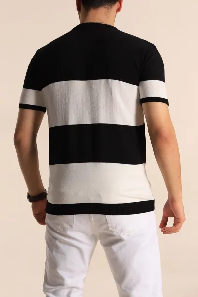 Siyah Beyaz Geniş Çizgili Slim Fit Erkek Triko Tişört 260932