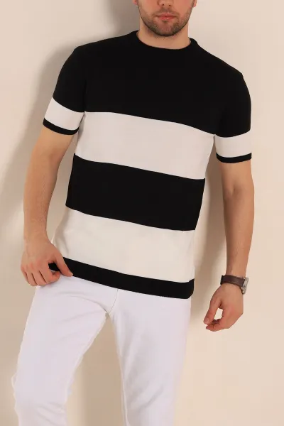 Siyah Beyaz Geniş Çizgili Slim Fit Erkek Triko Tişört 260932