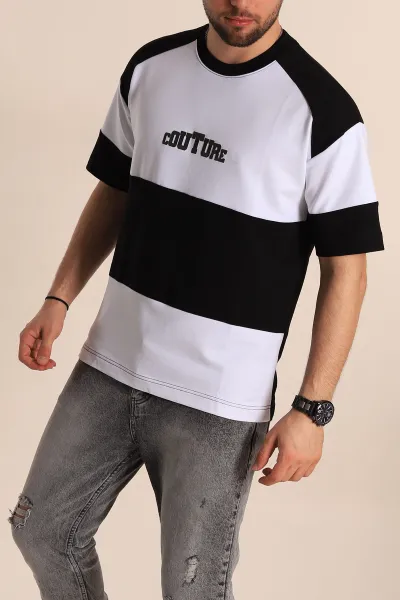 Siyah Beyaz Oversize İki İp Yazı Detay Erkek Tişört 266867